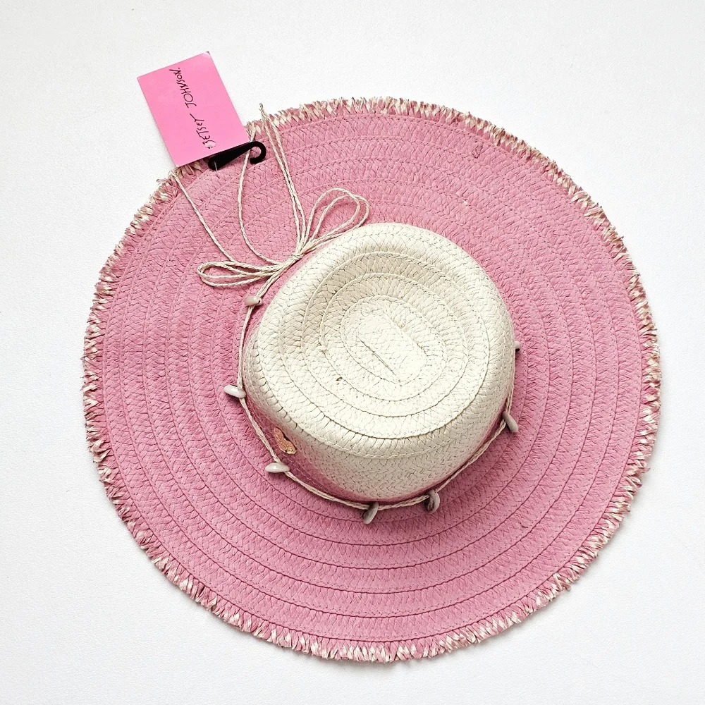 Betsey Johnson Pink Ombre Floppy Paper Hat Shell Detail Beach Boho NWT